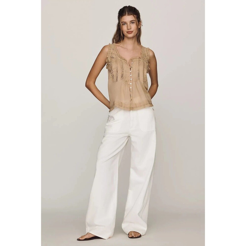 By Anthropologie 100% Cotton Lace Ruffle Tank Top Buttondown Sleeveless S 291554